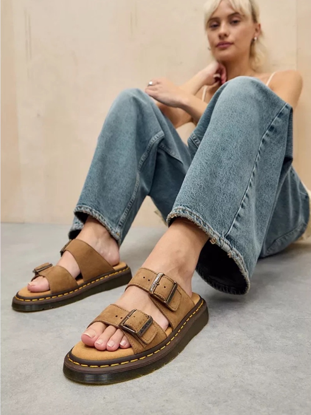 Dr. Martens Josef suede slide sandals in savannah tan. Sz 7 Woman, M 6. NEW
